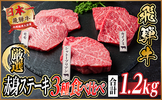 飛騨牛　赤身ステーキ3種食べ比べセット　計約1.2kg　【冷蔵便】A4〜A5等級　シャトーブリアン他【配送不可地域：離島】【1534744】