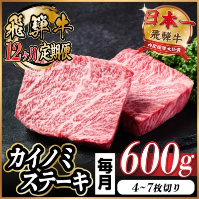 【毎月定期便】飛騨牛 カイノミステーキ定期便 毎月600g全12回【配送不可地域：離島】【4055998】