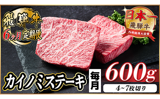 【毎月定期便】飛騨牛 カイノミステーキ定期便 毎月600g【冷蔵便】A4〜A5 厳選希少部位 全6回【配送不可地域：離島】【4065611】