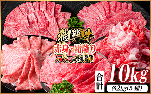 【毎月定期便】飛騨牛　赤身・霜降り定期便　計10kg カルビ・赤身・ロース(焼肉・BBQ用)全5回【配送不可地域：離島】【4075141】