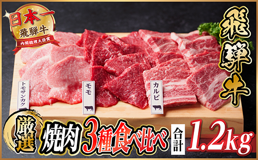 飛騨牛　焼肉厳選3種食べ比べセット(カルビ・トモサンカク・モモ)　約1.2kg 黒毛和牛 A4〜A5【配送不可地域：離島】【1531176】