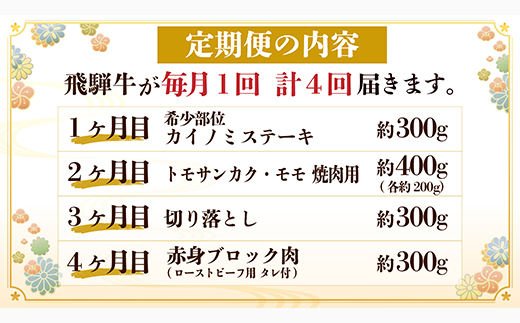 【毎月定期便】飛騨牛 少なめ定期便 計1.3kg 全4回 ステーキ 焼肉 切り落とし 赤身ブロック肉【配送不可地域：離島】【4055499】