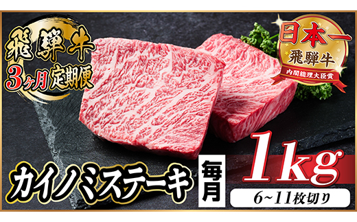 【毎月定期便】飛騨牛 カイノミステーキ定期便 毎月1kg全3回【配送不可地域：離島】【4056198】