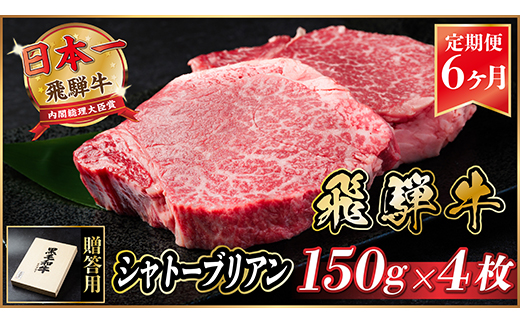 【毎月定期便】飛騨牛 シャトーブリアン600g(150g×4枚)【冷蔵便】全6回【配送不可地域：離島】【4053251】