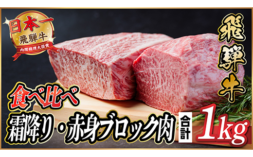 飛騨牛 霜降り・赤身ブロック肉食べ比べ 約1kg(各約500g)【冷蔵便】(タレ付) A4〜A5等級【配送不可地域：離島】【1626320】