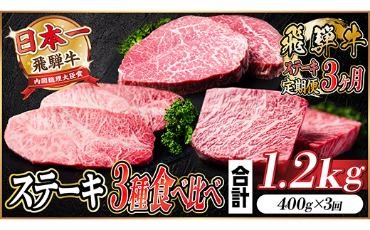 【毎月定期便】飛騨牛 ステーキ定期便 計約1.2kg【冷蔵便】全3回　A4〜A5等級【配送不可地域：離島】【4055330】