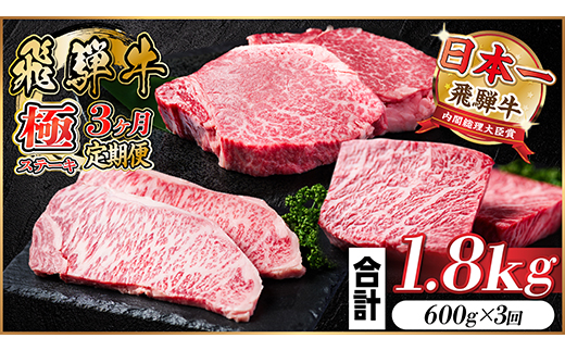 【毎月定期便】飛騨牛 極ステーキ定期便　計約1.8kg【冷蔵便】全3回　A4〜A5等級　黒毛和牛【配送不可地域：離島】【4056913】