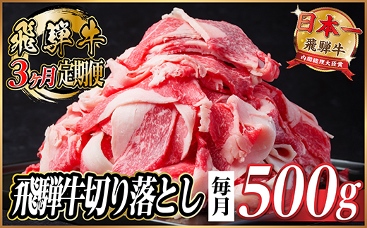 【毎月定期便】飛騨牛　切り落とし　約500g【冷蔵便】全3回【配送不可地域：離島】【4055013】