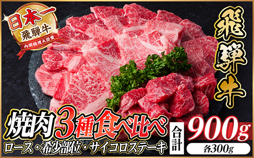 飛騨牛　厳選焼肉3種セット(ロース・希少部位・赤身サイコロ) 900g【配送不可地域：離島】【1487317】