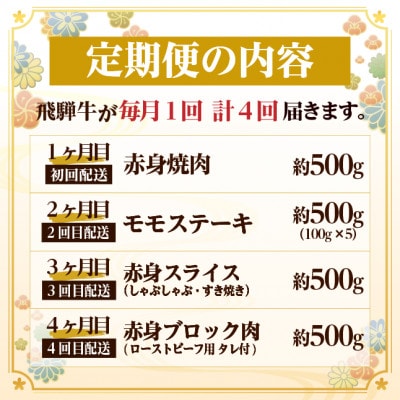 【毎月定期便】飛騨牛 赤身定期便 計2kg 焼肉 BBQ すき焼き しゃぶしゃぶ ブロック全4回【配送不可地域：離島】【4072758】