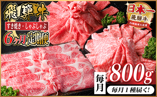 【毎月定期便】飛騨牛　厳選すき焼き・しゃぶしゃぶ用　定期便800g全6回【配送不可地域：離島】【4072795】