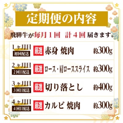 【毎月定期便】飛騨牛　厳選少なめ定期便　計1.3kg　カルビ・赤身(焼肉・BBQ用)ロース全4回【配送不可地域：離島】【4075147】