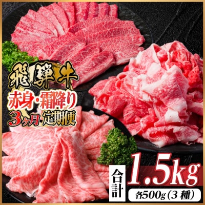 【毎月定期便】飛騨牛 赤身・霜降り定期便 計1.5kg　焼肉 BBQ すき焼き しゃぶしゃぶ全3回【配送不可地域：離島】【4074983】