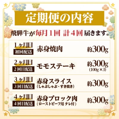 【毎月定期便】飛騨牛 赤身定期便 計1.2kg 焼肉 BBQ すき焼き しゃぶしゃぶ ブロック全4回【配送不可地域：離島】【4072753】