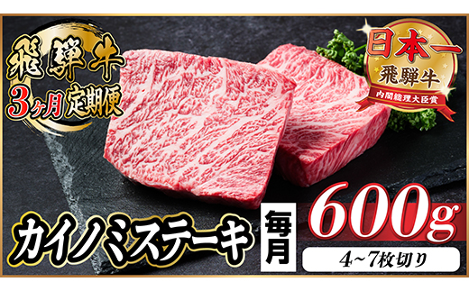【毎月定期便】飛騨牛 カイノミステーキ定期便 毎月600g【冷蔵便】A4〜A5 厳選希少部位 全3回【配送不可地域：離島】【4065610】