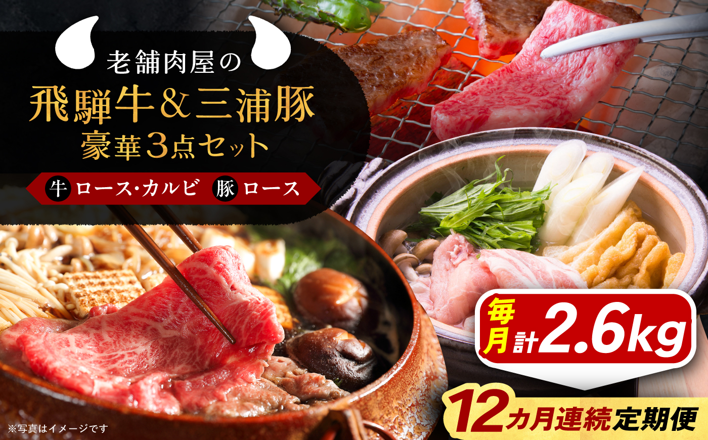 【12回定期便】 飛騨牛ロース1kg カルビ700g 三浦豚ロース900g 豪華3点セット 各種類1パック しゃぶしゃぶ・焼肉 和牛 国産 霜降り 恵那市 / 岩島屋 [AUAJ032]