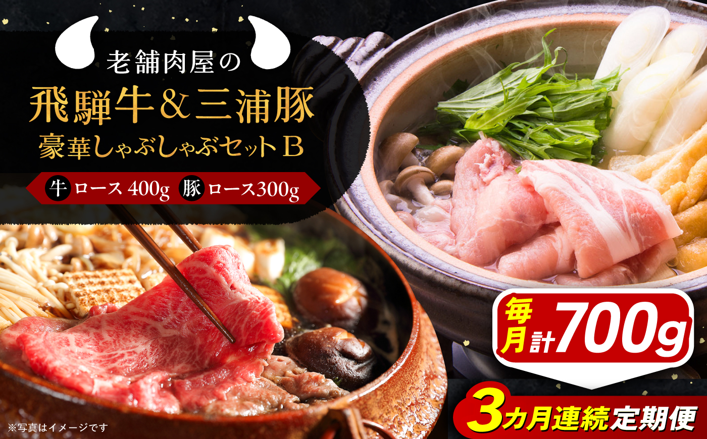 【3回定期便】 飛騨牛ロース400g 三浦豚ロース300g 豪華しゃぶしゃぶセットB 各種類1パック 和牛 国産 霜降り 恵那市 / 岩島屋 [AUAJ048]