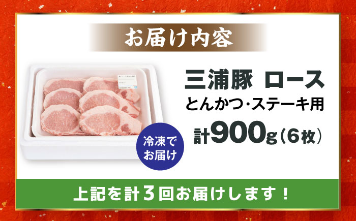 【3回定期便】 三浦豚 豚肉 ロース900ｇ（ステーキ/とんかつ用）/ ブランド豚 国産 ポーク とんかつ 恵那市 / あづま精肉店 [AUDL009]