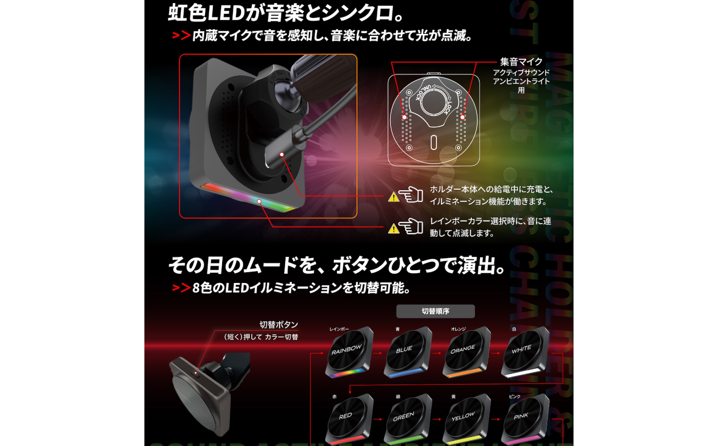車載ワイヤレス充電スマホホルダー CK-A22 / MagSafe・Qi2対応 最大15W急速充電 サウンド連動LED搭載 スマホホルダー ワイヤレス 充電 / 恵那市 / サイバーストーク [AUGG005]