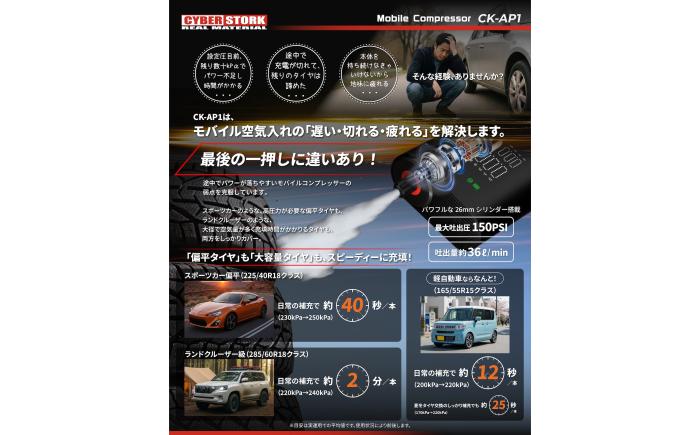モバイル電動コンプレッサー / 車 バイク 車用品 カー用品 コンプレッサー タイヤ 自転車 空気入れ モバイル アウトドア 愛車 充電式 メンテナンス ケア用品 / 恵那市 / サイバーストーク [AUGG002]