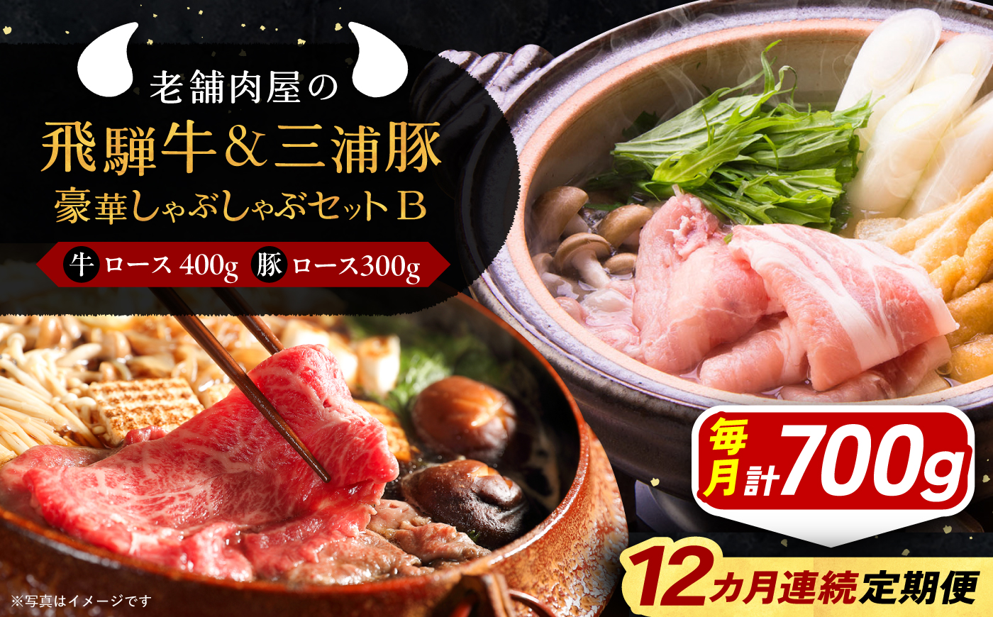 【12回定期便】 飛騨牛ロース400g 三浦豚ロース300g 豪華しゃぶしゃぶセットB 各種類1パック 和牛 国産 霜降り 恵那市 / 岩島屋 [AUAJ050]