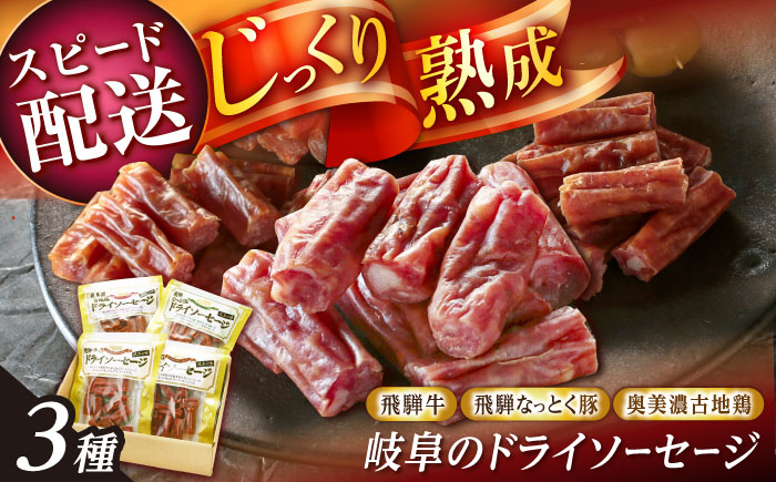 【スピード配送】岐阜のドライソーセージ3種セット / ソーセージ ドライソーセージ セット 肉 加工品 加工肉 飛騨牛 地鶏 熟成 / 恵那市 / 中部食産 [AUBW007]