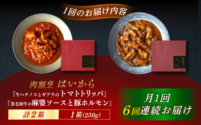 【6回定期便】肉割烹はいから『牛ハチノスとギアラのトマトトリッパ』『黒毛和牛の麻婆ソースと豚ホルモン』/ レトルト セット / 恵那市 / TWO-FACE JAPAN [AUFI051]