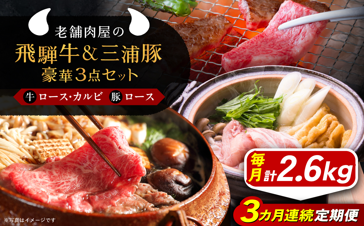 【3回定期便】 飛騨牛ロース1kg カルビ700g 三浦豚ロース900g 豪華3点セット 各種類1パック しゃぶしゃぶ・焼肉 和牛 国産 霜降り 恵那市 / 岩島屋 [AUAJ030]