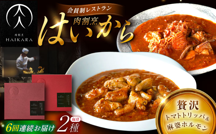 【6回定期便】肉割烹はいから『牛ハチノスとギアラのトマトトリッパ』『黒毛和牛の麻婆ソースと豚ホルモン』/ レトルト セット / 恵那市 / TWO-FACE JAPAN [AUFI051]