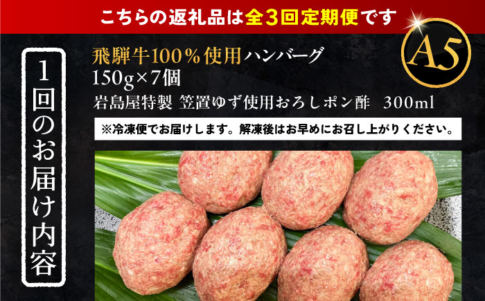 【3回定期便】 飛騨牛100% ハンバーグ7個 A5,A4ランク 特製笠置ゆず使用おろしポン酢付 和牛 国産 惣菜 恵那市 / 岩島屋 [AUAJ042]