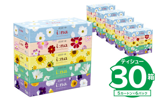 【ハーフサイズ】エリエール i:na（イーナ）ティシュー　150W5P×6パック ボックス ティッシュ ペーパー 箱ティッシュ 岐阜県 可児市 日用品 新生活 備蓄 防災 消耗品 生活雑貨 生活用品 ストック パルプ100％　0095-029