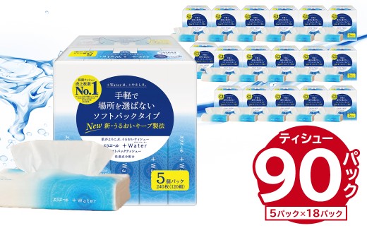 エリエール +Water（プラスウォーター）ソフトパックティシュー　120W5P×18パック ソフトパックティッシュ ティッシュ ソフトパック ティッシュペーパー 箱なし 日用品 新生活 備蓄 防災 消耗品 生活雑貨 生活用品 パルプ100％ 0095-016