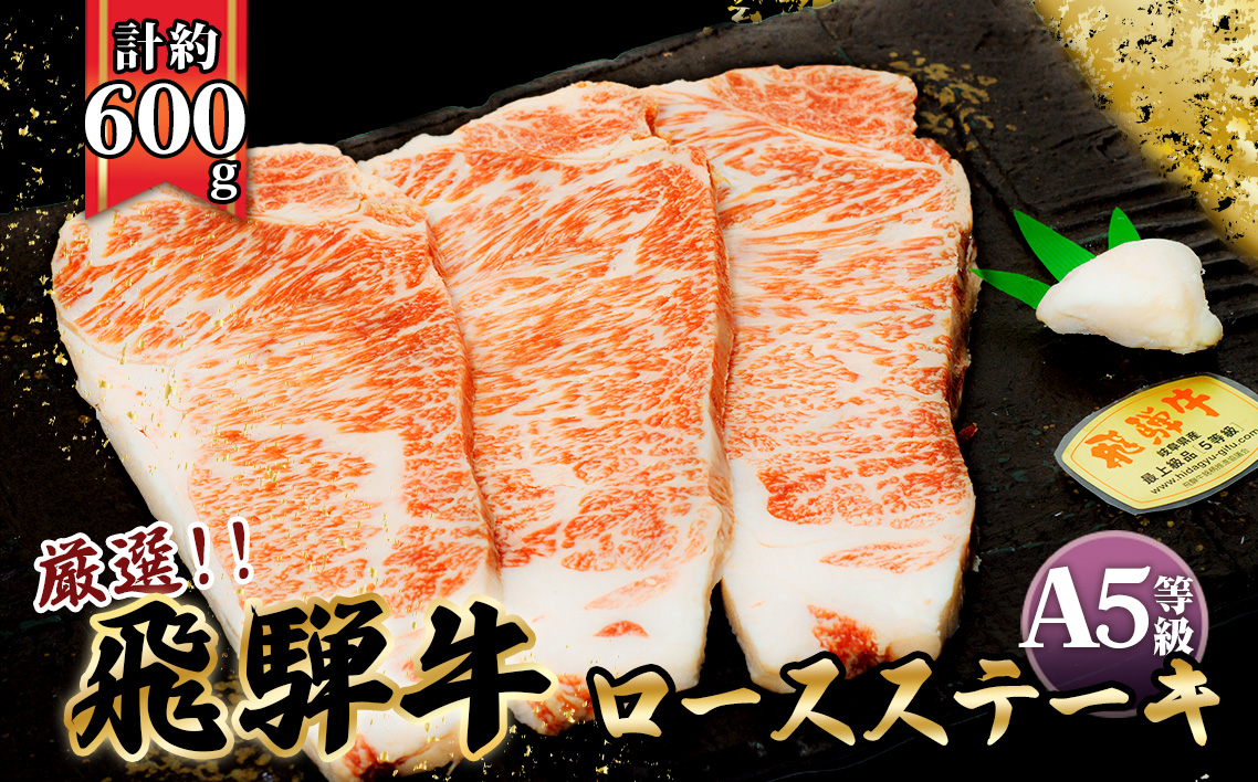 店主こだわり雌牛 飛騨牛A5等級　ロースステーキ　計約600g [No.068]