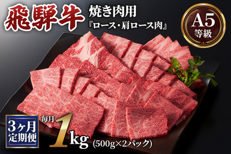 [3ヶ月定期便][A5等級]飛騨牛焼き肉用 1kg(500g×2パック)『ロース・肩ロース肉』[0345]