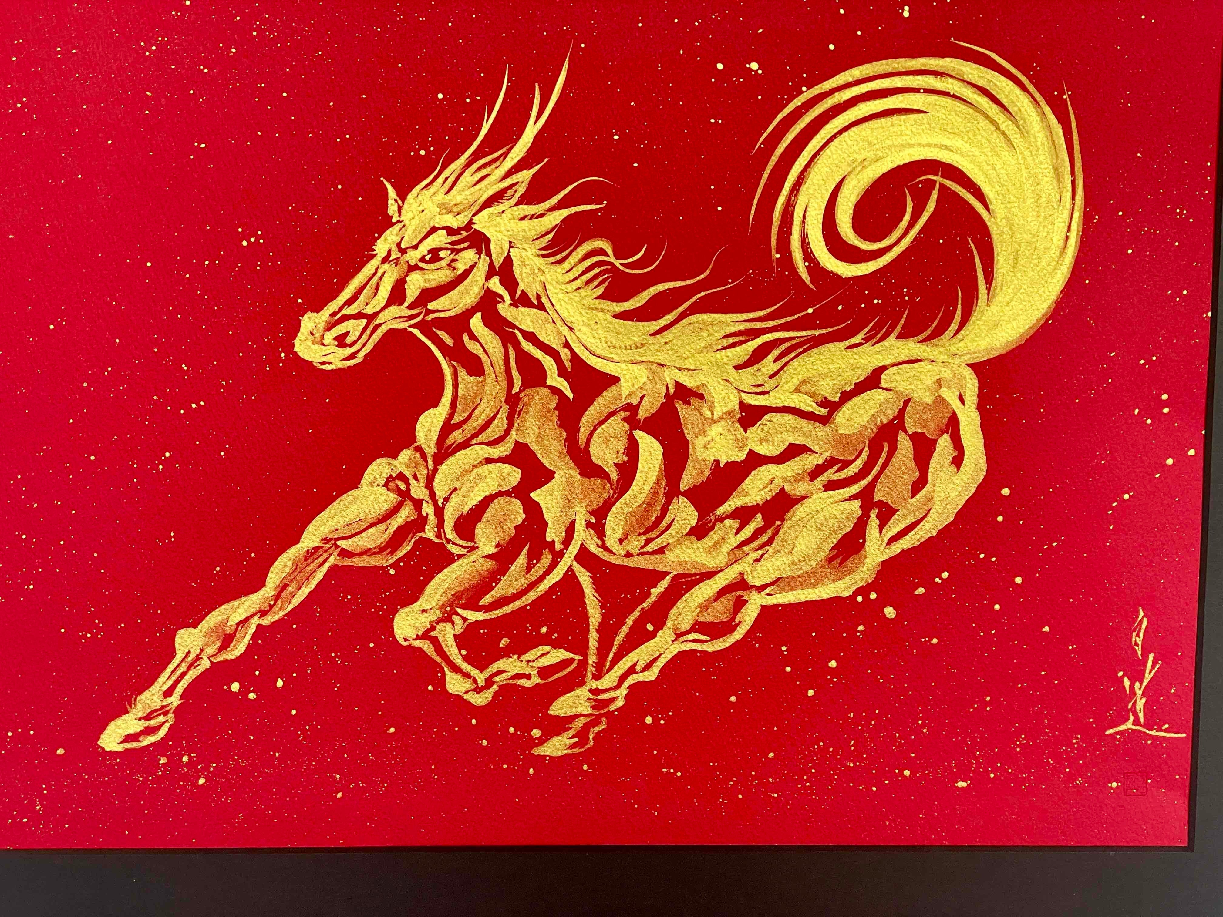 現代水墨画家 白道「丙午　龍馬」赤ゴールド｜絵画 アート インテリア 手描き 一筆 龍 日本画 現代アート ハンドメイド作品 水墨画 かっこいい 作品 縁起 風水 芸術 2026年 午年 うま 馬 干支 [mt2125]