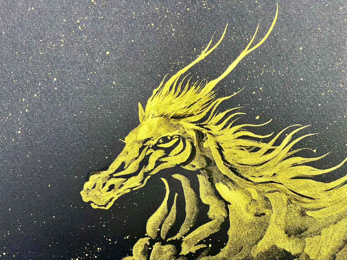 現代水墨画家 絵師白道「丙午　龍馬」黒ゴールド｜絵画 アート インテリア 手描き 一筆 龍 日本画 現代アート ハンドメイド作品 水墨画 かっこいい 作品 縁起 風水 芸術 2026年 午年 うま 馬 干支 [mt2126]