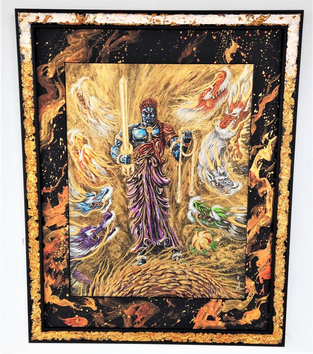 現代水墨画家 絵師白道 直筆作品 「青不動明王 と 八大龍王」｜絵画 アート インテリア 手描き 一筆 龍 日本画 現代アート ハンドメイド作品 水墨画 かっこいい 作品 縁起 風水 芸術 [mt1651]