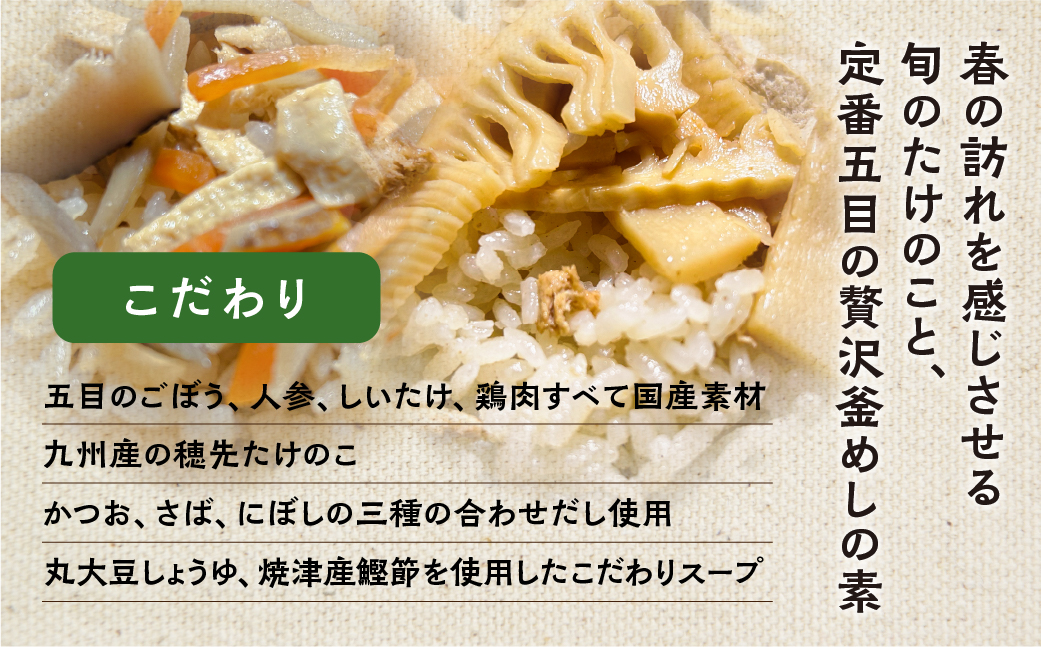 《期間限定》 国産 釜めしの素 食べ比べ 225g 2合 ×5袋 計10合 セット ( 五目釜めしの素×3袋 穂先たけのこ釜めし×2袋 ) ご飯の素 調理 簡単 炊くだけ たけのこ お取り寄せ 炊込みご飯 岐阜県産 数量限定 常温 惣菜 岐阜食品