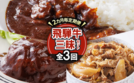 【2ヵ月毎定期便】飛騨牛三昧(ハンバーグ・カレー・牛丼の冷凍食品3種セット)全3回【配送不可地域：離島】【4079778】