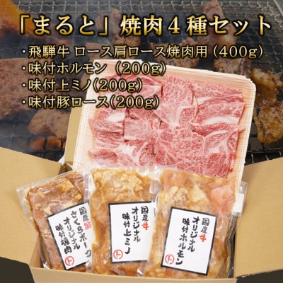 【飛騨牛】焼肉4種セットA-3　ロース・肩ロースと味付けホルモンなど　合計1kg【配送不可地域：離島】【1619896】