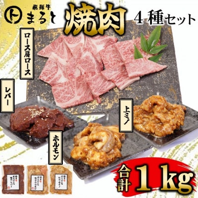 【飛騨牛】焼肉4種セットA-4　ロース・肩ロースと味付けホルモンなど　合計1kg【配送不可地域：離島】【1619899】