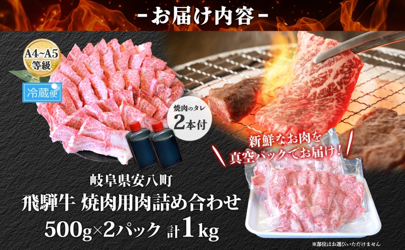 飛騨牛 焼肉用 A4～A5等級使用 約1kg 500g×2パック 肉 牛肉 和牛 ブランド牛 お肉 ビーフ A4ランク A5ランク 国産 お取り寄せ ご褒美 豪華 グルメ 焼肉 BBQ パーティー ギフト 贈り物 自家用 贈答用 送料無料 焼肉マルイ 岐阜県 【 安八町 】