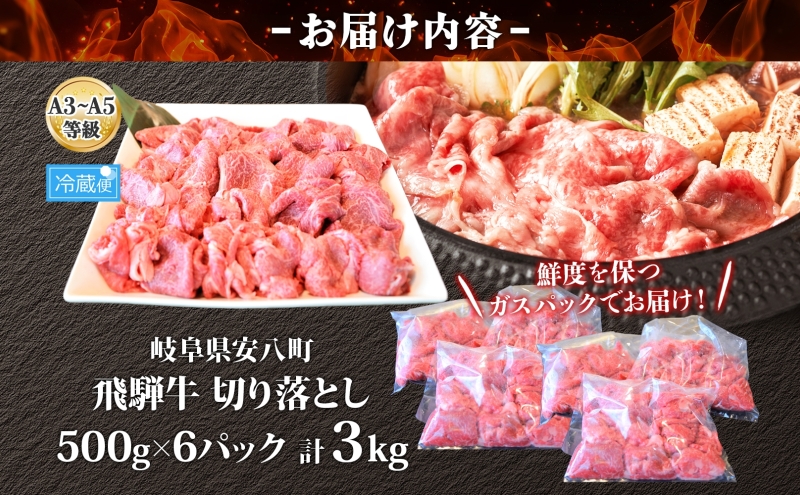 飛騨牛 切り落とし A3～A5等級使用 約3kg 約500g×6パック 肉 牛肉 和牛 ブランド牛 お肉 ビーフ しゃぶしゃぶ すき焼き 国産 お取り寄せ ご褒美 豪華 グルメ 焼肉 BBQ パーティー ギフト 贈り物 自家用 贈答用 送料無料 焼肉マルイ 岐阜県 【 安八町 】