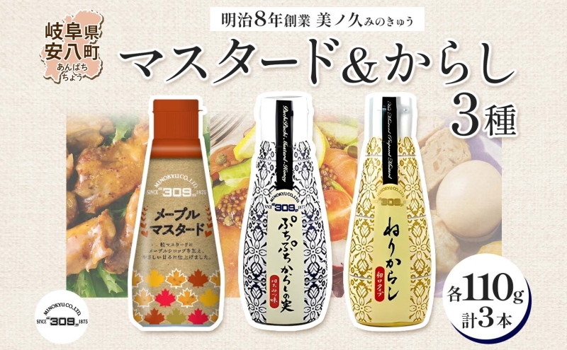 美ノ久 メープルマスタード ぷちぷちからしの実 ねりからし 3種 3本 セット アソート 3種類 からし カラシ マスタード 和からし 洋からし 粒 粒マスタード 調味料 万能 万能調味料 常備 お取り寄せ ご当地 送料無料 岐阜県 安八町