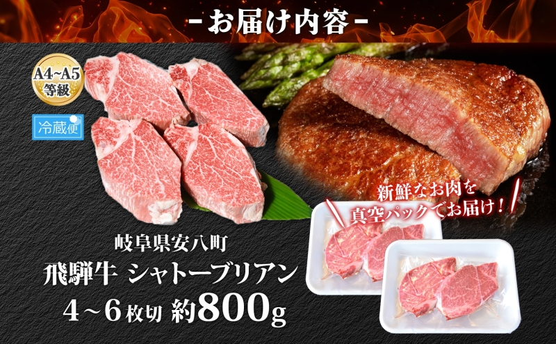 飛騨牛 シャトーブリアン ステーキ 約800g 4～6枚切り 肉 牛肉 和牛 ブランド牛 お肉 ビーフ ヒレ 希少部位 赤身 贅沢 国産 お取り寄せ ご褒美 豪華 グルメ 焼肉 BBQ パーティー ギフト 贈り物 自家用 贈答用 送料無料 焼肉マルイ 岐阜県 【 安八町 】