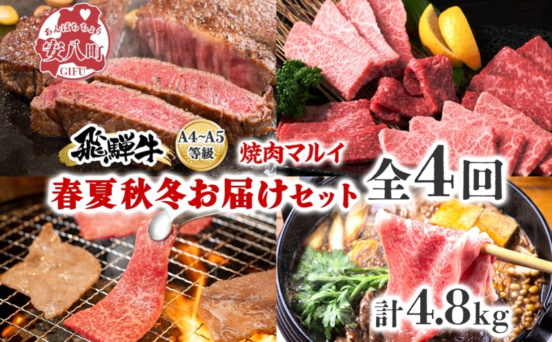 焼肉マルイ 飛騨牛 春夏秋冬お届けセット 4回 合計4.8kg 焼肉 A4 A5 等級 和牛 国産 国産牛 牛肉 鉄板焼き バーベキュー ステーキ すき焼き 冷蔵 日本産 ブランド和牛 お取り寄せグルメ 送料無料 岐阜県 安八町