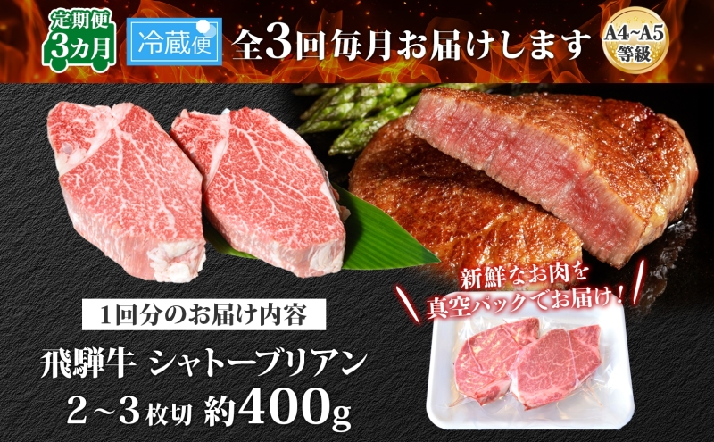 飛騨牛 シャトーブリアン ステーキ 3ヵ月定期便約400g 2～3枚切り×3 肉 牛肉 和牛 ブランド牛 お肉 ビーフ ヒレ 希少部位 赤身 贅沢 国産  ご褒美 豪華 グルメ 焼肉 BBQ パーティー ギフト 贈り物 自家用 贈答用 送料無料 焼肉マルイ 岐阜県 【 安八町 】