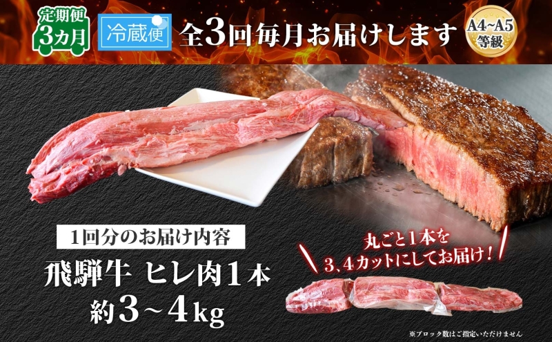 飛騨牛 ヒレ肉 ブロック A4～A5等級 1本3ヵ月定期便約3～4kg  3割×3 ヒレ シャトーブリアン 肉 牛肉 ブランド牛 お肉 和牛 贅沢 お取り寄せ ご褒美 ステーキ 豪華 グルメ 焼肉 BBQ パーティー ギフト 贈り物 自家用 贈答用 焼肉マルイ 岐阜県 【 安八町 】