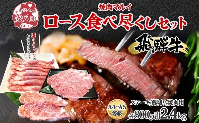 飛騨牛 ロース 食べつくし 約2.4kg  ステーキ 薄切り 焼肉用 各約800g A4ランク A5ランク お肉 牛肉 和牛 国産 ブランド牛 お家焼肉 バーベキュー BBQ 柔らかい 霜降り 旨み 真空パック 冷蔵 タレ付き 自家用 ギフト 送料無料 焼肉マルイ 岐阜県 安八町