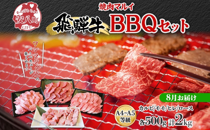 ＜8月に届く＞飛騨牛 BBQ セット 約2kg カルビ 焼肉 モモ ヒレ ロース串 各約500g お肉 牛肉 和牛 国産 ブランド牛 バーべキュー お家焼肉 赤身 冷蔵 真空パック タレ付き 送料無料 焼肉マルイ 岐阜県 安八町